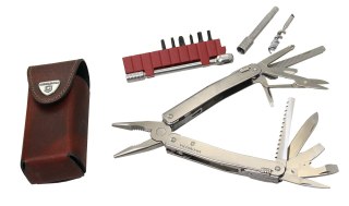 Multitool z grzechotką Swiss Tool Spirit X Plus ze skórzanym etui w kolorze brązowym