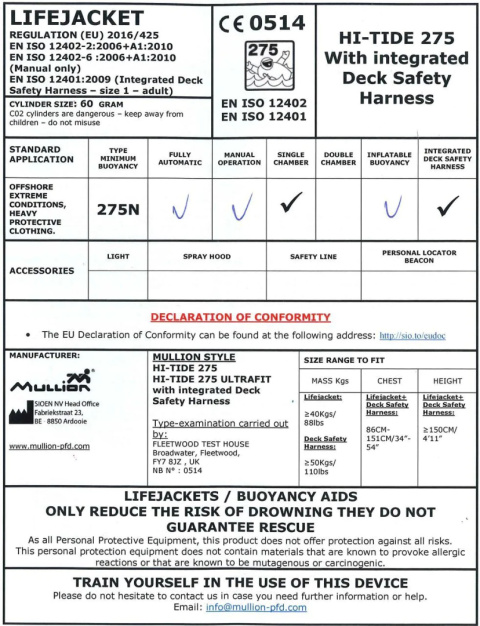 Kamizelka pneumatyczna Mullion Hi-Tide 275 Ultrafit ISO – certyfikowana, komfortowa i niezawodna