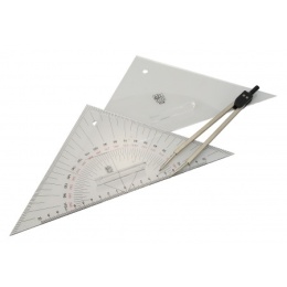 Zestaw nawigacyjny: trójkąt kursu, trójkąt położenia i przenośnik nawigacyjny w etui.