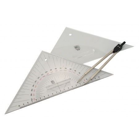 Zestaw nawigacyjny: trójkąt kursu, trójkąt położenia i przenośnik nawigacyjny w etui.