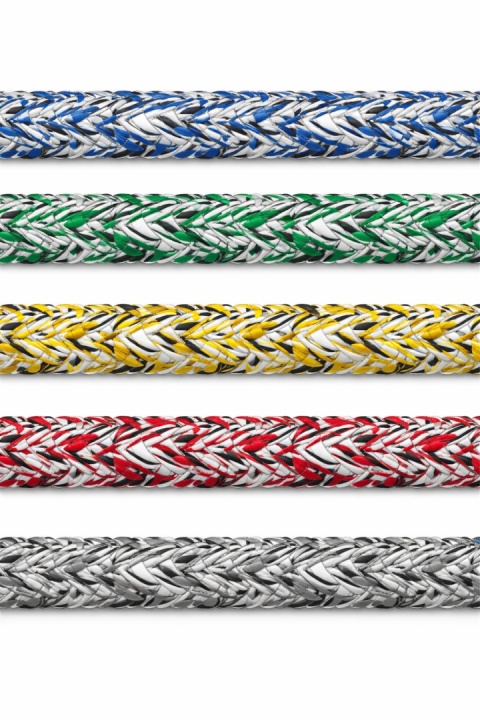 Regatowa lina GLEISTEIN RunnerTwin Olympic Dyneema SK78 w kolorach melanż: niebieskim, zielonym, czerwonym, żółtym i szarym