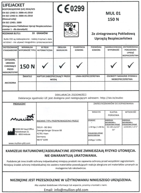 Kamizelka pneumatyczna Mullion Stream 150N ISO 12402-3 MVH z uprzężą Halkey Roberts Alpha - zestaw 3 sztuki